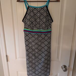 Title Nine Black and White Geometric Midi Dress with Colorful Stripes